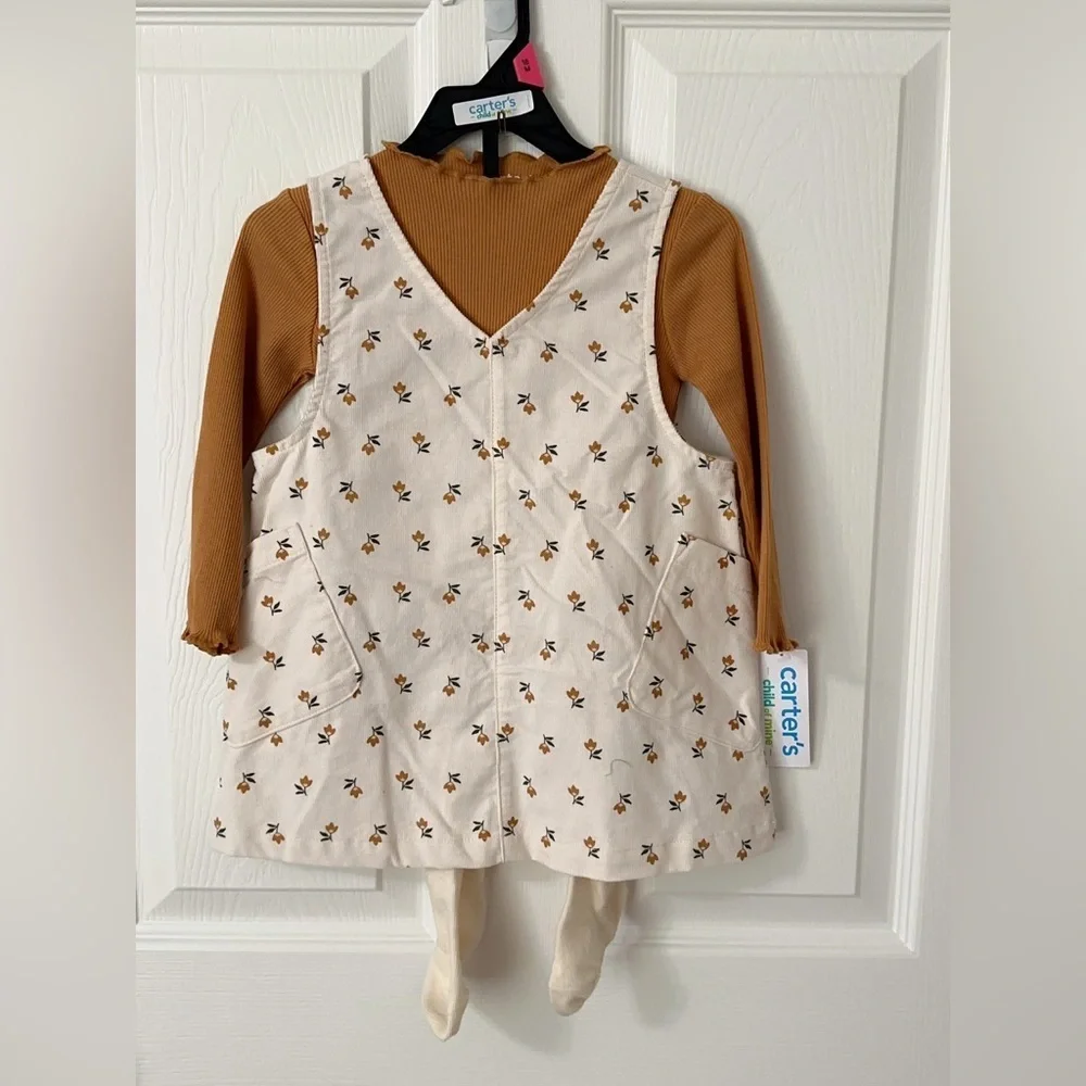 Carter's Cream Floral Dress and Gold Long Sleeve Top Set 3 Piece
